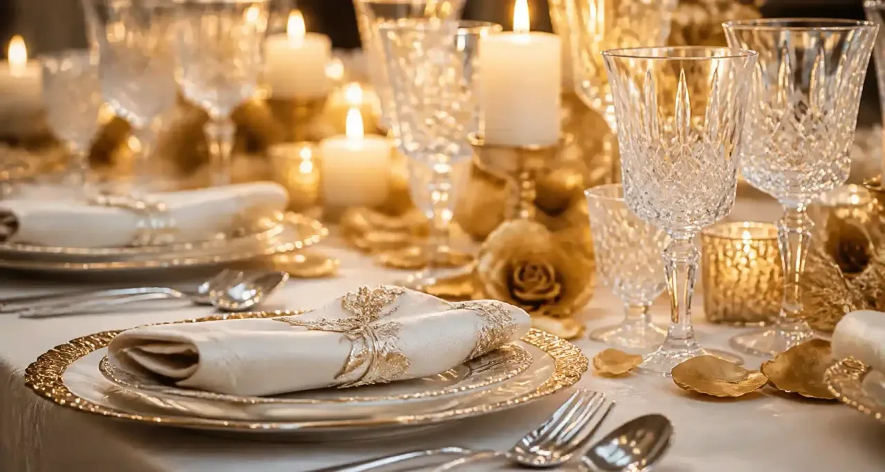 Décoration de table festive avec cristal, roses et bougies