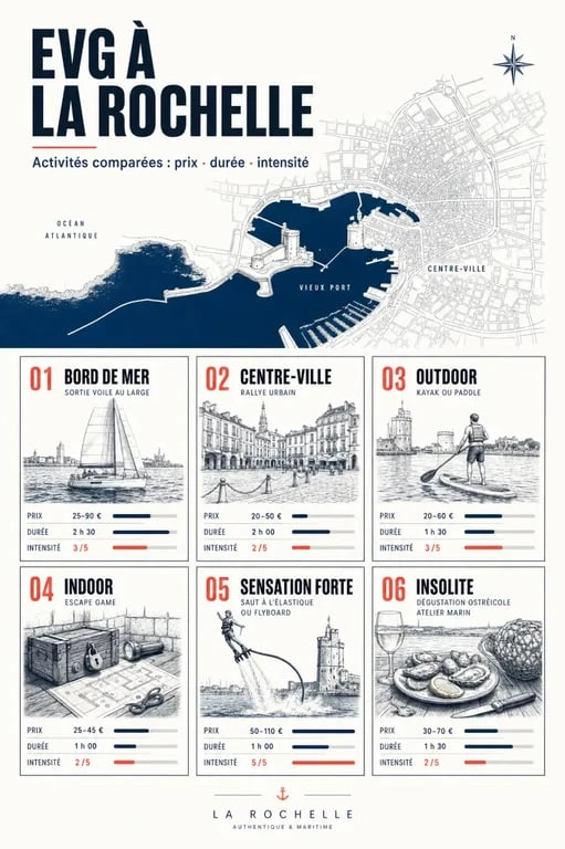 Activités EVG La Rochelle : visualisation éditoriale des idées d’activités, des budgets et des niveaux de sensations
