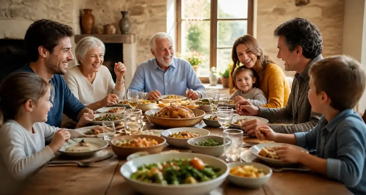 Repas de famille convivial dans une salle de pierre baignée de lumière