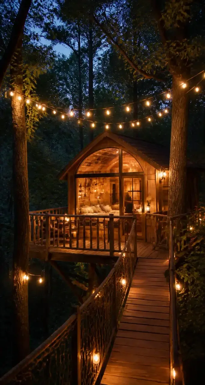 Hébergement insolite, cabane dans les arbres illuminée de guirlandes