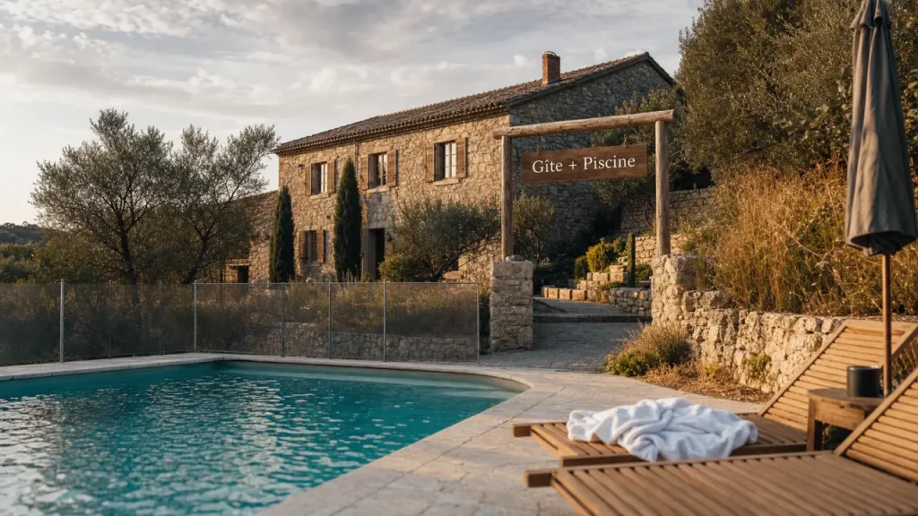 Location gîte en Ardèche avec piscine privée, mas en pierre et transats