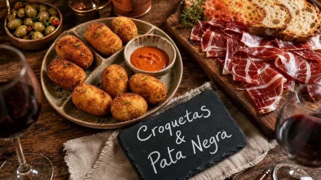 Restaurant de tapas : croquetas et Pata Negra sur table