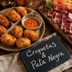 Restaurant de tapas : croquetas et Pata Negra sur table