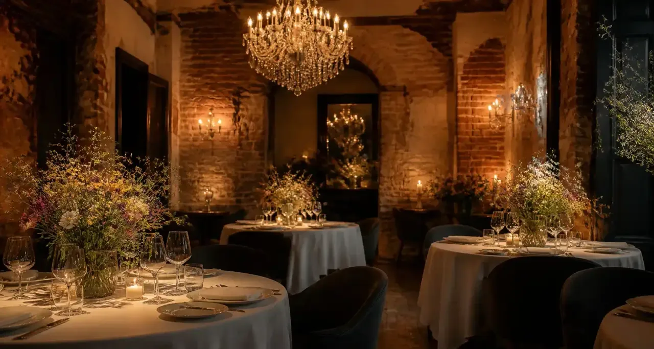 Restaurant gastronomique intimiste à l'éclairage ambré
