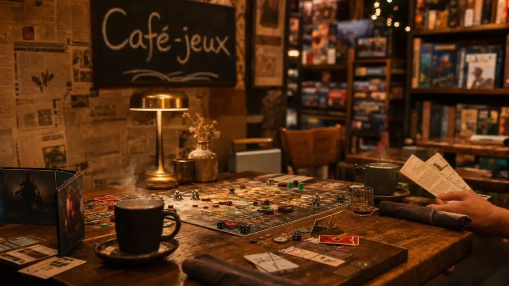 Intérieur d’un café jeux, tables de jeu et cartes