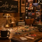 Intérieur d’un café jeux, tables de jeu et cartes