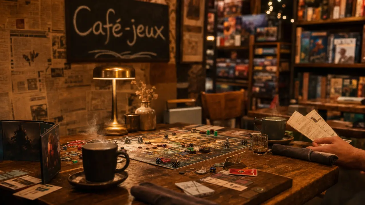 Intérieur d’un café jeux, tables de jeu et cartes