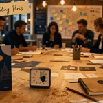team building paris : salle parisienne avec cartes et post-it pour un atelier d’équipe