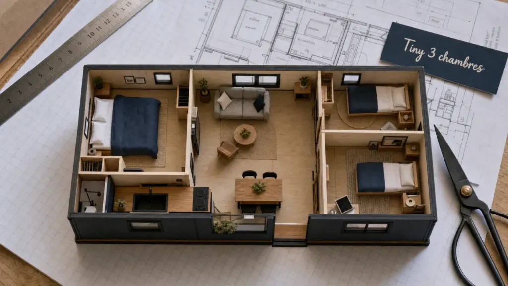 Tiny house 3 chambres : 6 couchages, 2 modules, plan intérieur