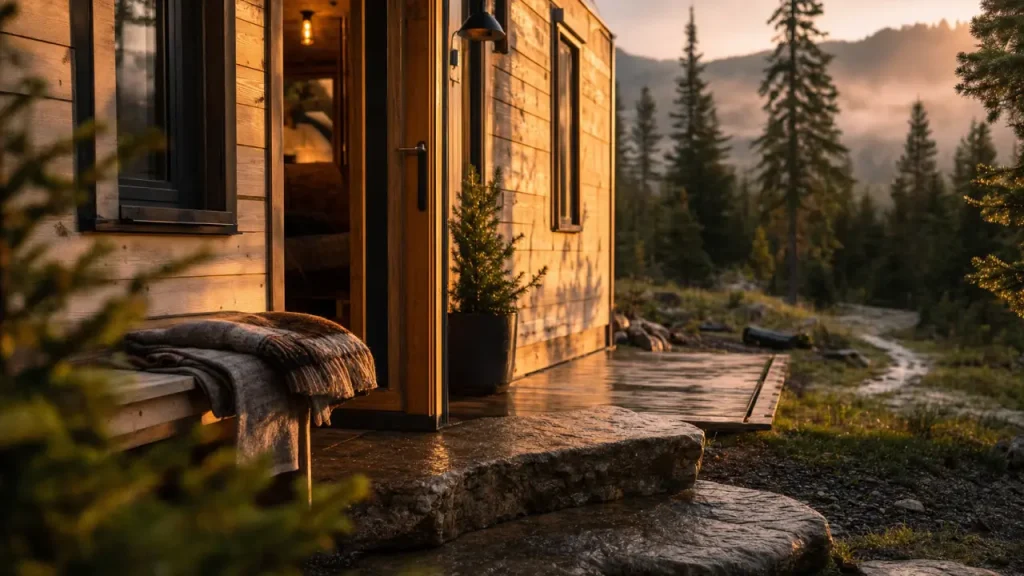 Tiny house Jura en bois dans une clairière, terrasse et forêt