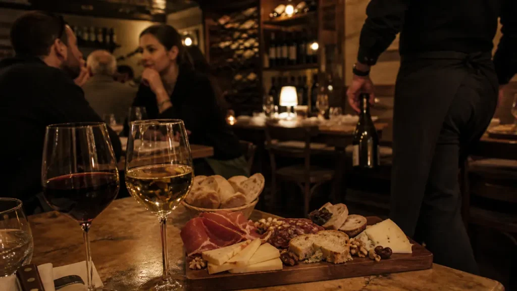 Bar à vin romantique paris : verres de vin rouge et blanc, planche de fromages et charcuteries