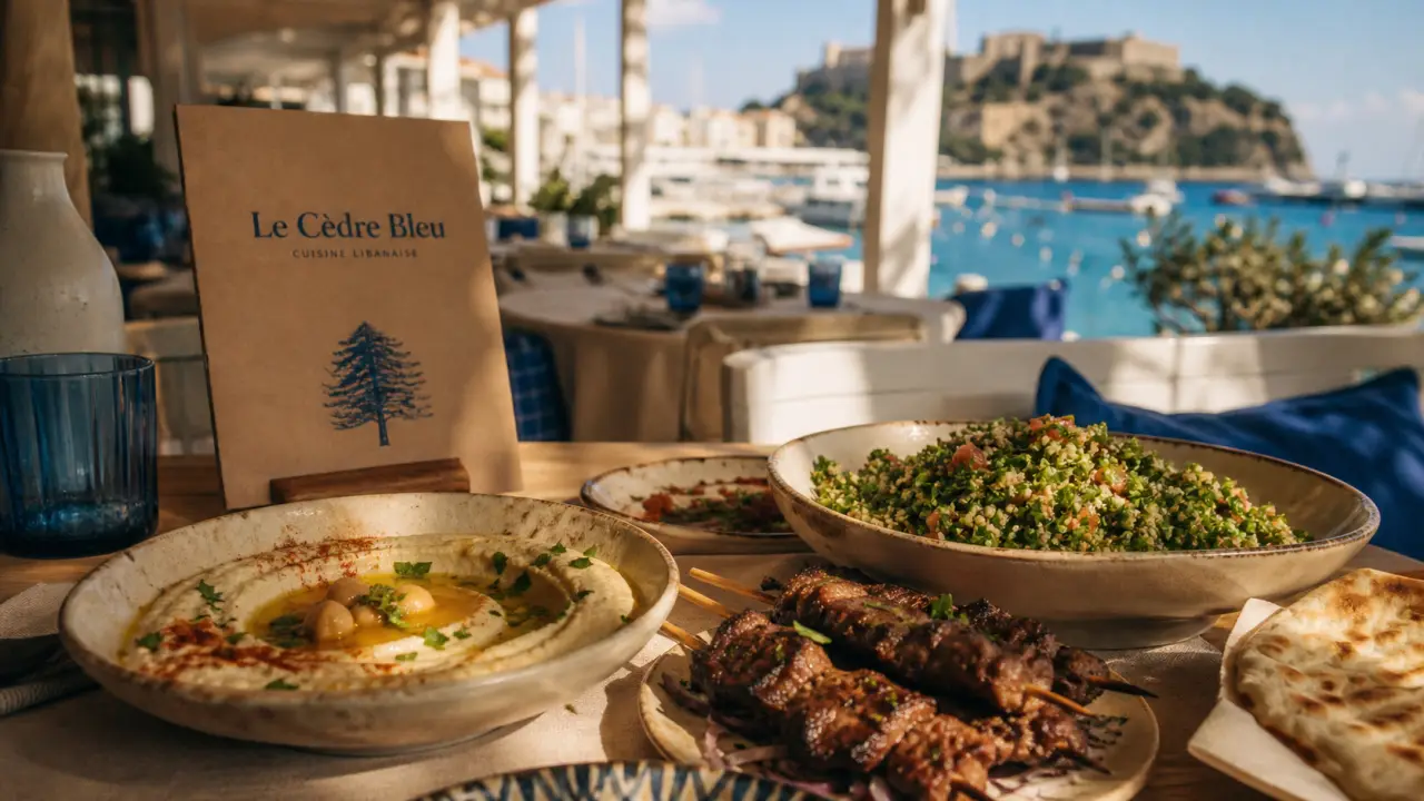 cedre bleu monaco : mezzé libanais partagé sur la terrasse du port