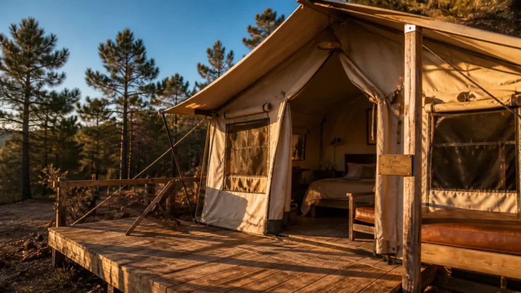 Tente insolite lodge ouverte, terrasse en bois au golden hour