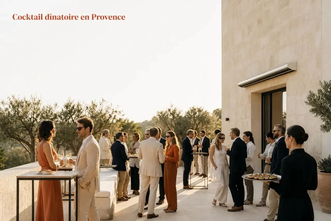 Restaurant cocktail dînatoire Provence sur une terrasse élégante en fin de journée