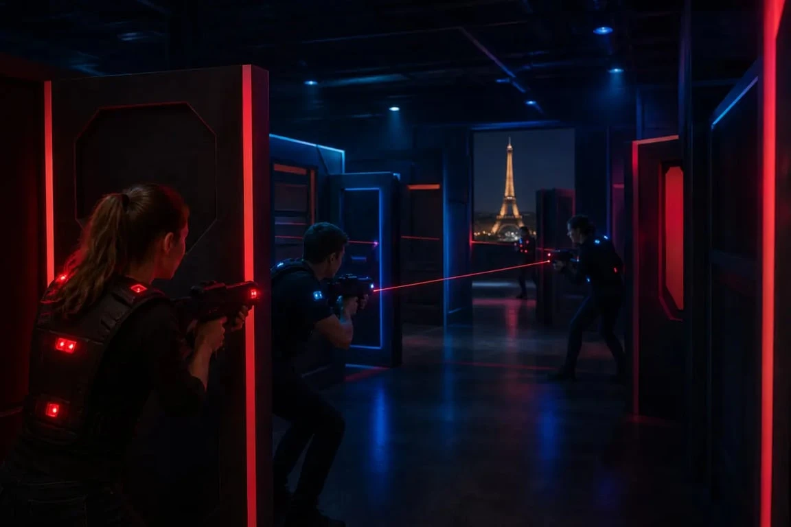 Laser game paris dans une arène intérieure immersive avec joueurs en action