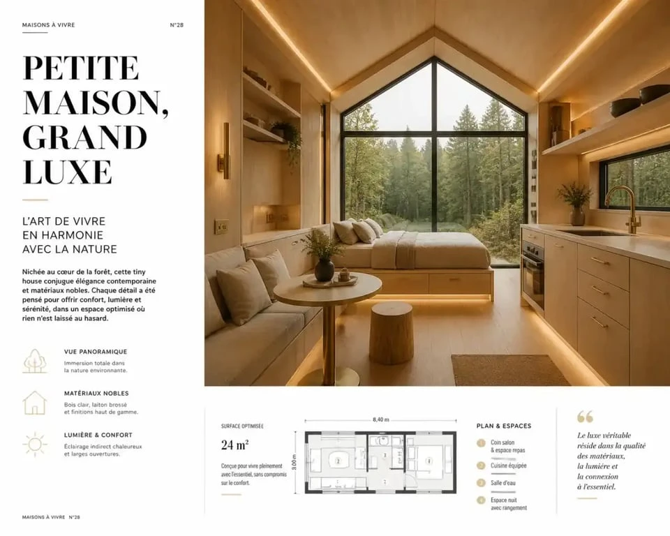 Intérieur raffiné d'une tiny house luxe avec des matériaux haut de gamme et un design minimaliste