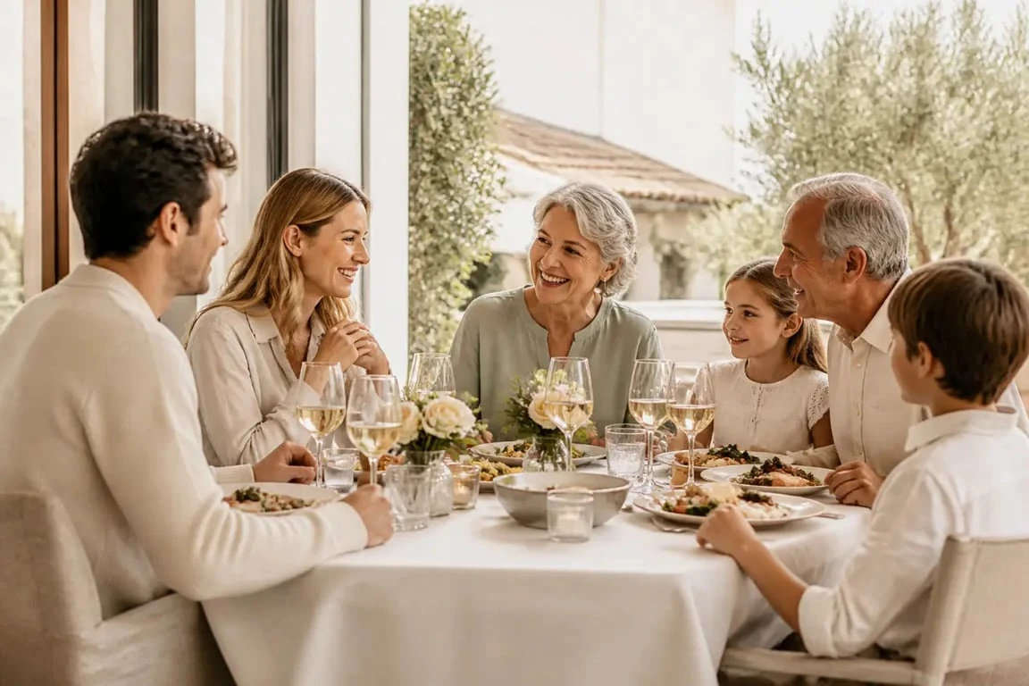 Restaurant fete des meres en terrasse avec une famille réunie autour d’un déjeuner élégant