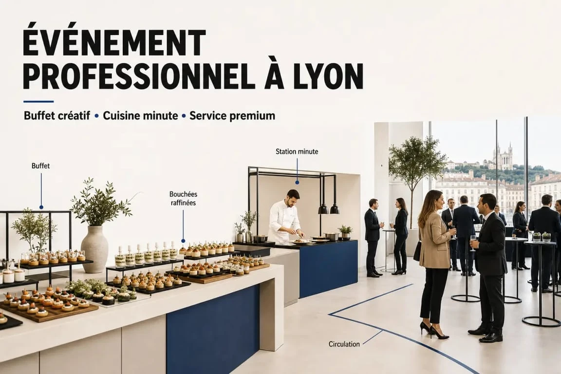 Traiteur original entreprise Lyon lors d’un événement professionnel avec buffet créatif et animation culinaire