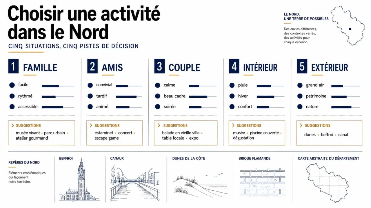 activité dans le nord : comparatif visuel des sorties pour famille, amis, couple, intérieur et extérieur