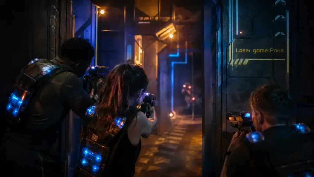Laser game paris : joueurs avec pistolets laser