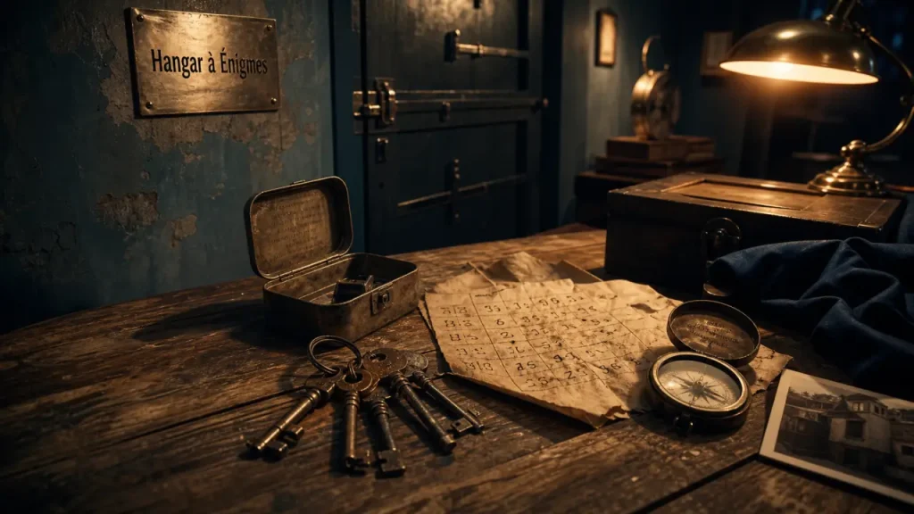 Le hangar à enigmes Trouville : intérieur escape game, table d’énigmes et porte verrouillée