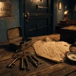 Le hangar à enigmes Trouville : intérieur escape game, table d’énigmes et porte verrouillée