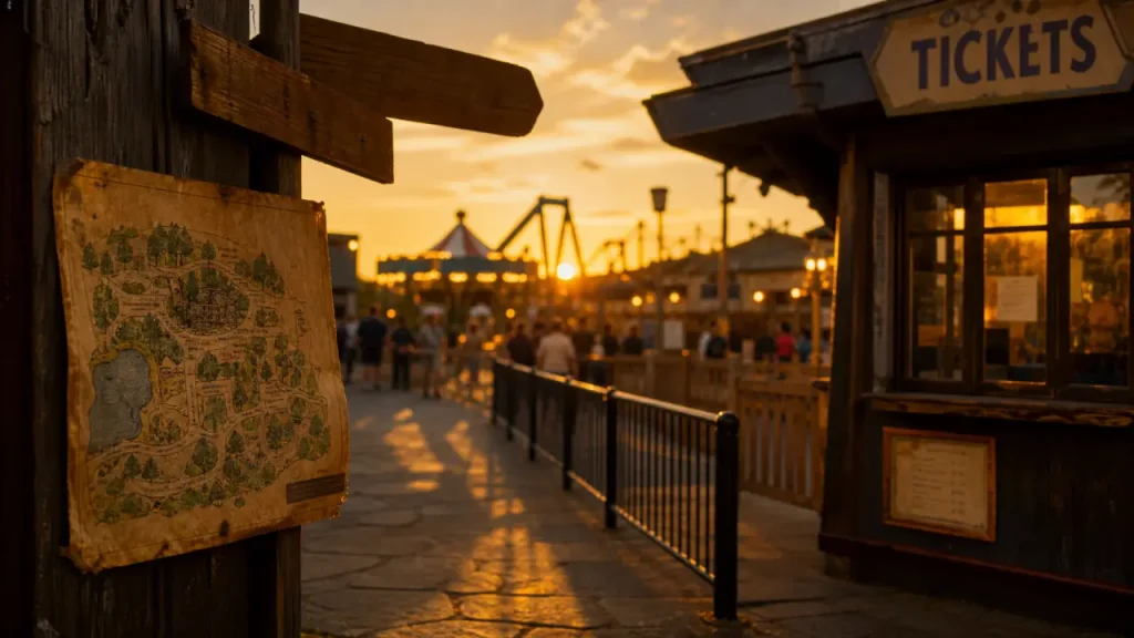Parc d'attraction normandie : entrée et manèges en lumière dorée