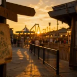 Parc d'attraction normandie : entrée et manèges en lumière dorée