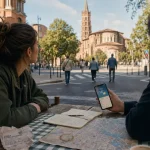 Que faire a toulouse le dimanche : couple regarde la météo depuis le centre, basilique Saint-Sernin floue