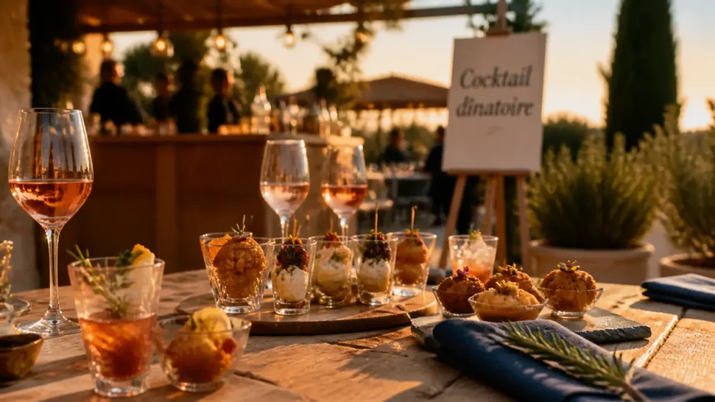 Restaurant cocktail dinatoire Provence sur terrasse, verrines et cocktails en fin d’après-midi