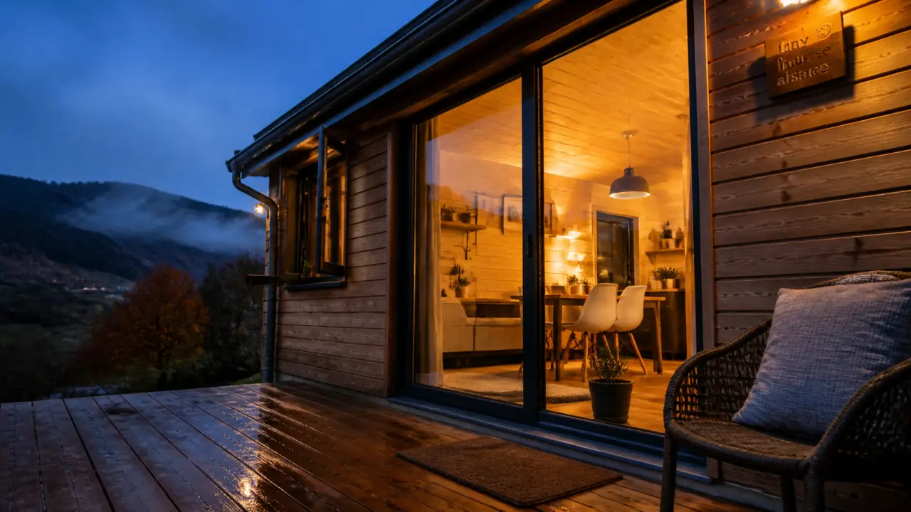 Tiny house alsace au crépuscule, terrasse en bois, vue vosges.