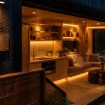 Tiny house luxe minimalisme haut de gamme, terrasse bois et intérieur design