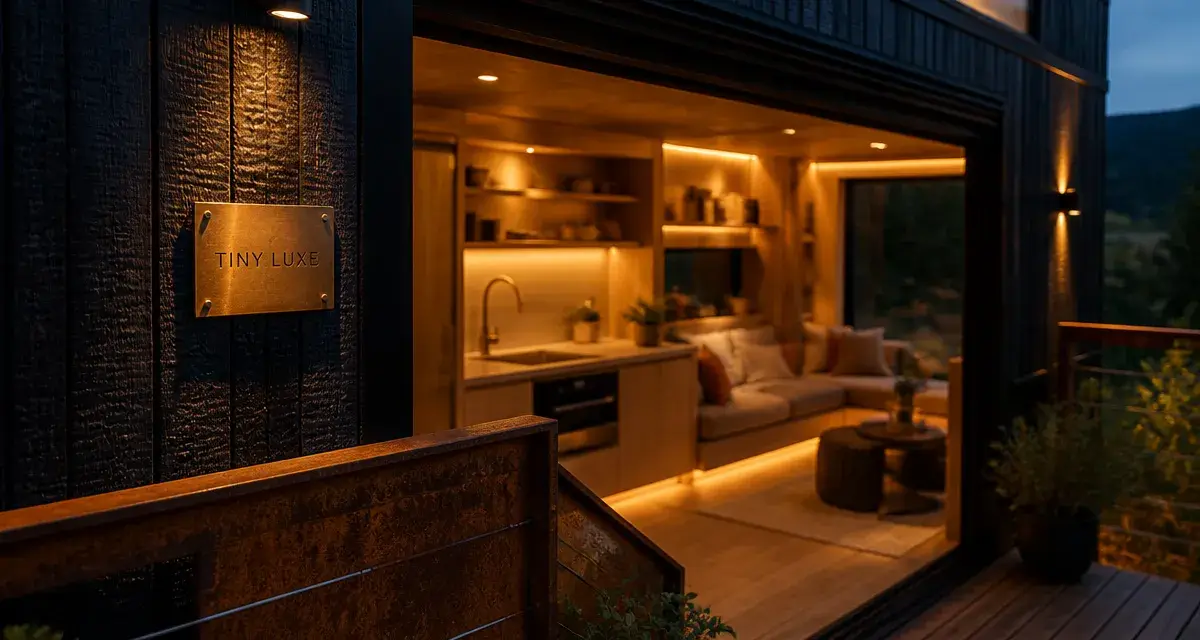 Tiny house luxe minimalisme haut de gamme, terrasse bois et intérieur design