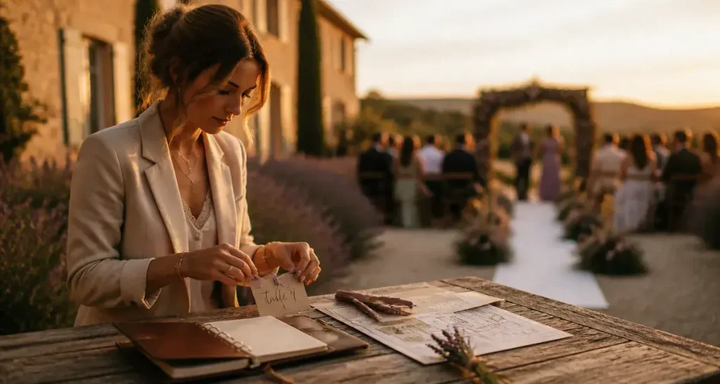 Wedding planner en Provence ajustant un ruban sur un plan de salle, lavande et pierre en golden hour