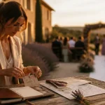 Wedding planner en Provence ajustant un ruban sur un plan de salle, lavande et pierre en golden hour