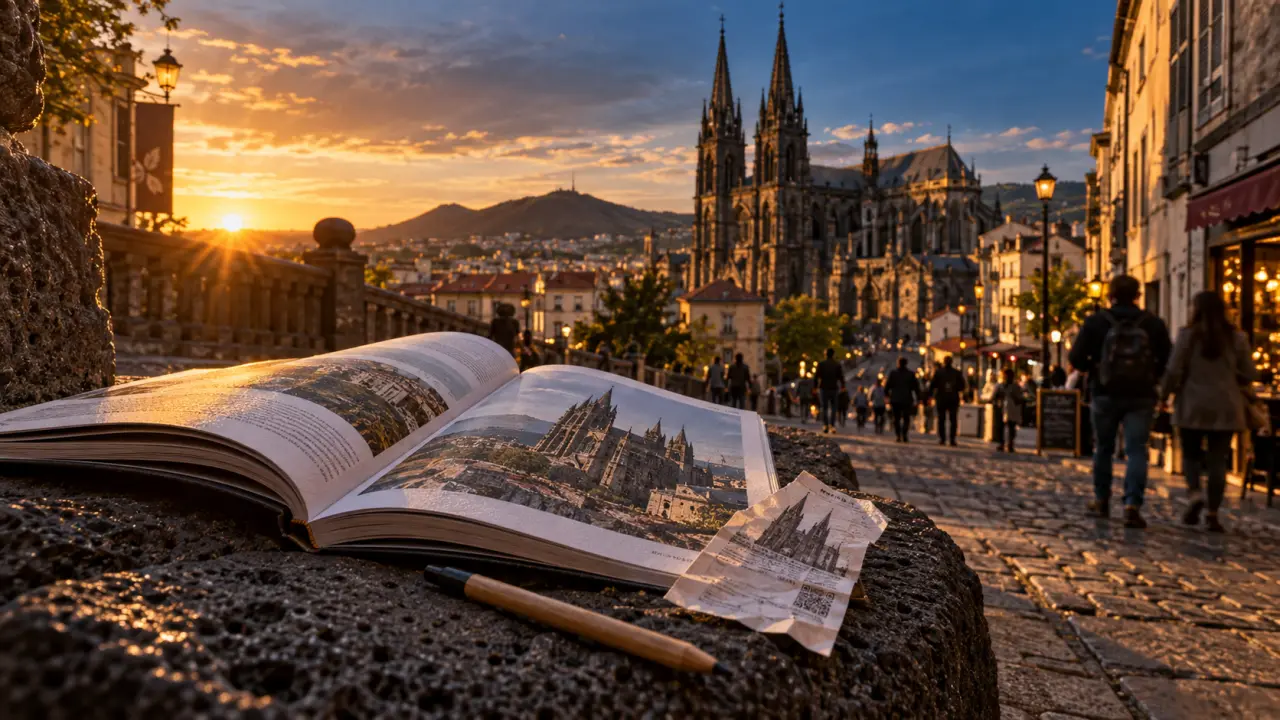 Activité Clermont Ferrand : guide devant pierre volcanique, cathédrale en fond