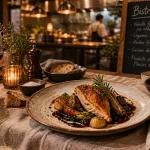 Photo bistronomique : table de bistrot raffinée, assiettes et verre à vin