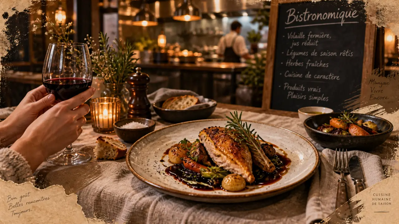 Photo bistronomique : table de bistrot raffinée, assiettes et verre à vin