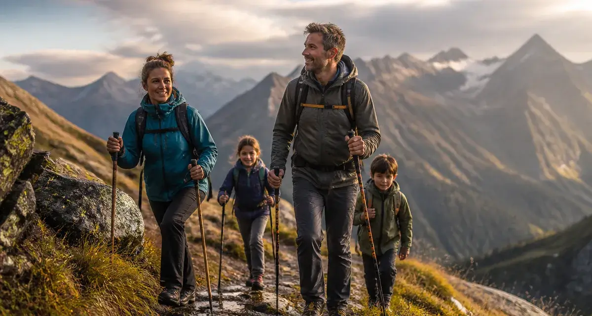 Destination ideale vacances en famille France : famille dans les Alpes, marche sur sentier