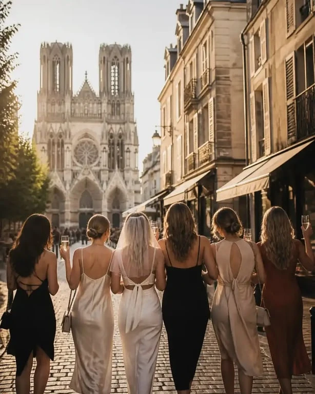 EVJF Reims dans le centre historique avec la cathédrale Notre-Dame en arrière-plan