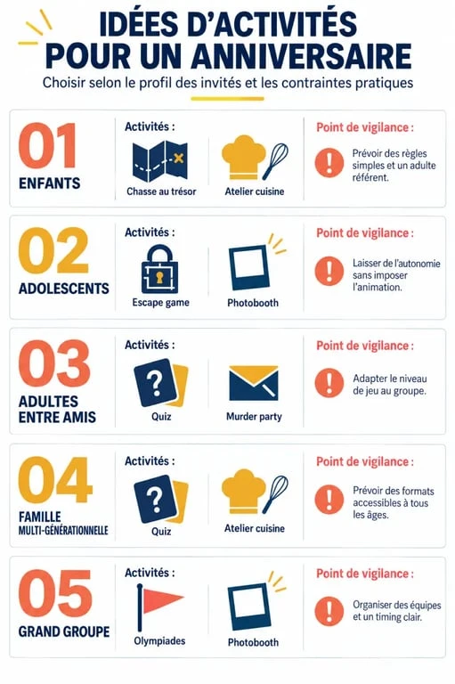 Infographie d’idées d’activité anniversaire selon l’âge et le profil des invités