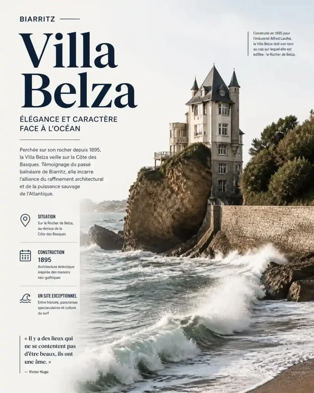 La Villa Belza surplombant la plage de la Côte des Basques, une activité incontournable à Biarritz.