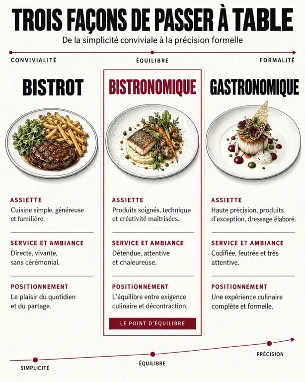 Comparaison visuelle entre bistrot, restaurant bistronomique et gastronomie