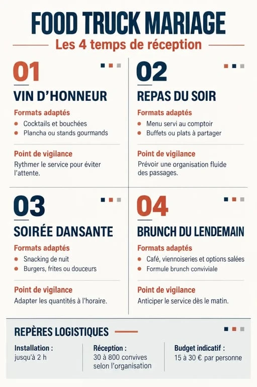 Infographie food truck mariage : formules adaptées au vin d’honneur, au dîner, à la soirée et au brunch