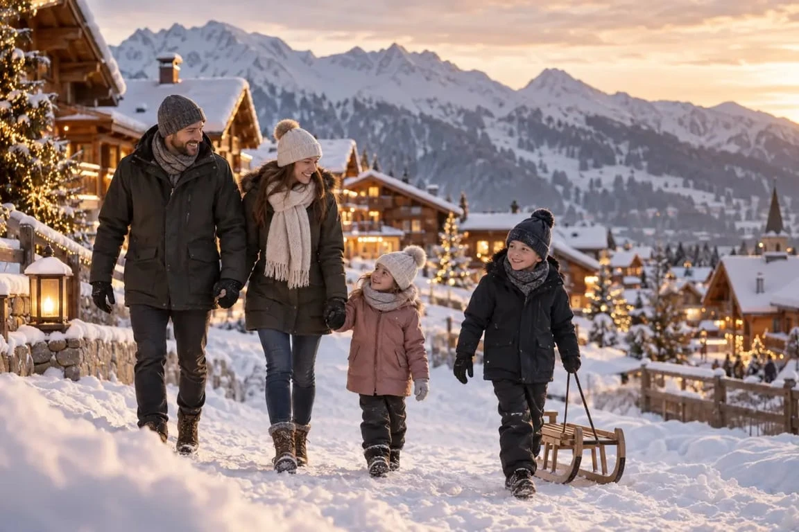 Vacances en famille pour Noël dans une station de montagne enneigée