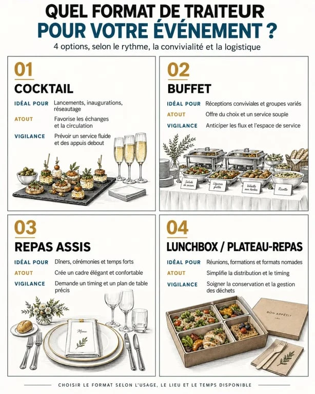 Infographie des formats de traiteur événementiel : cocktail, buffet, repas assis et lunchbox
