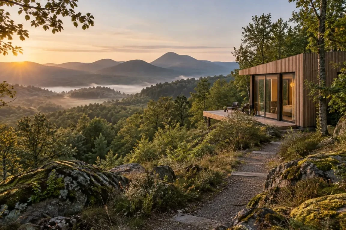 Hébergement nature en Auvergne dans un paysage volcanique et forestier