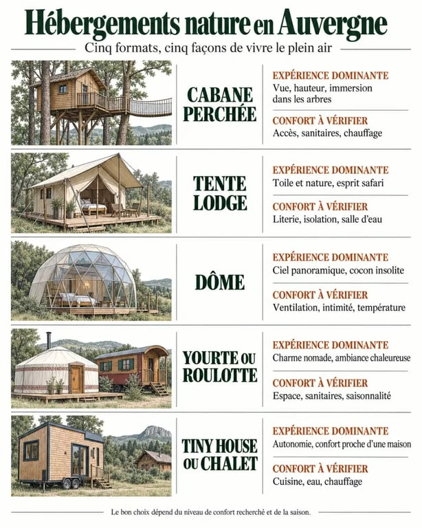 Hébergements nature en Auvergne : comparaison des cabanes, lodges, dômes, roulottes et chalets