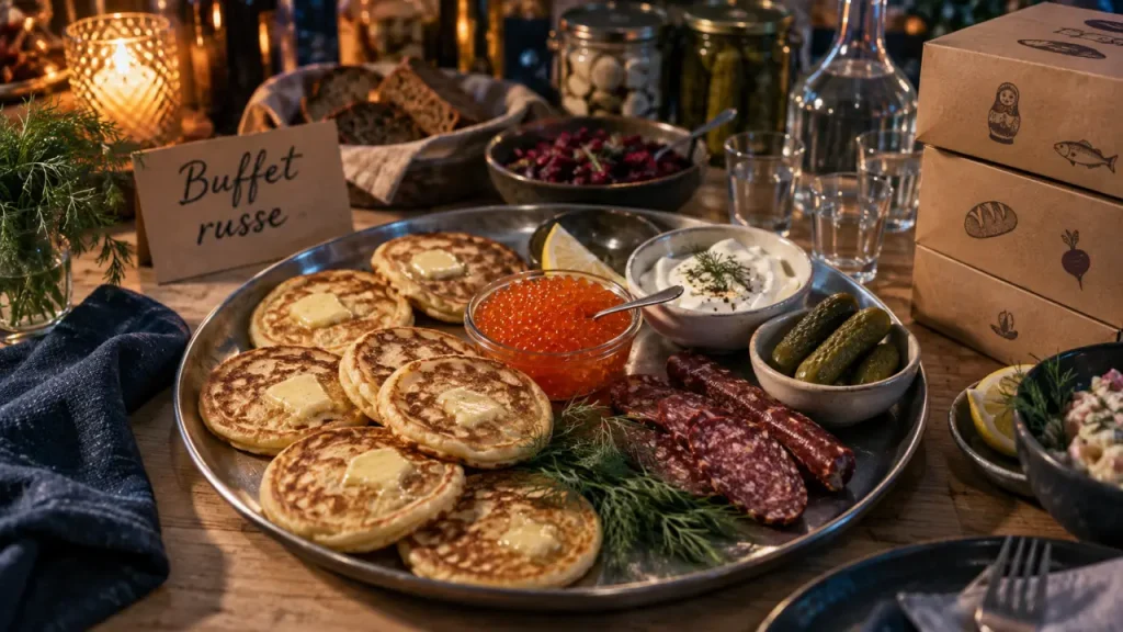 Epicerie et traiteur prestige : buffet russe au 15e, blinis et spécialités