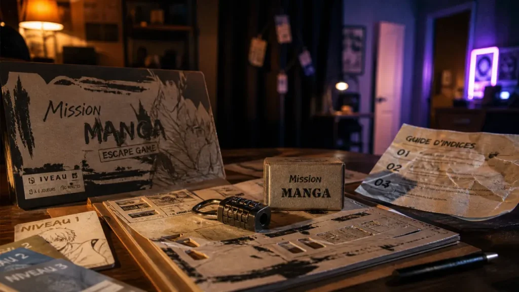 Escape game manga : kit ouvert, cadenas et énigmes sur table